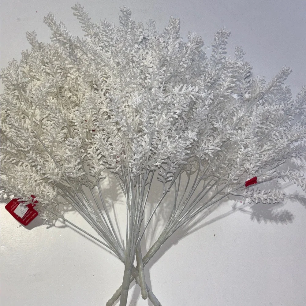 Snowy White Faux Fern Spray White Glitter Pine Branches White Tree Filler NWT